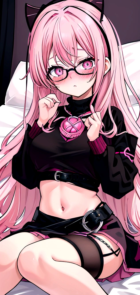 pink hair black glasses pink eyes extremely blushing a large pink sweater short black skirt at the waist chains black stockings that she is a reserved girl her bed that she is on her knees touching her butt