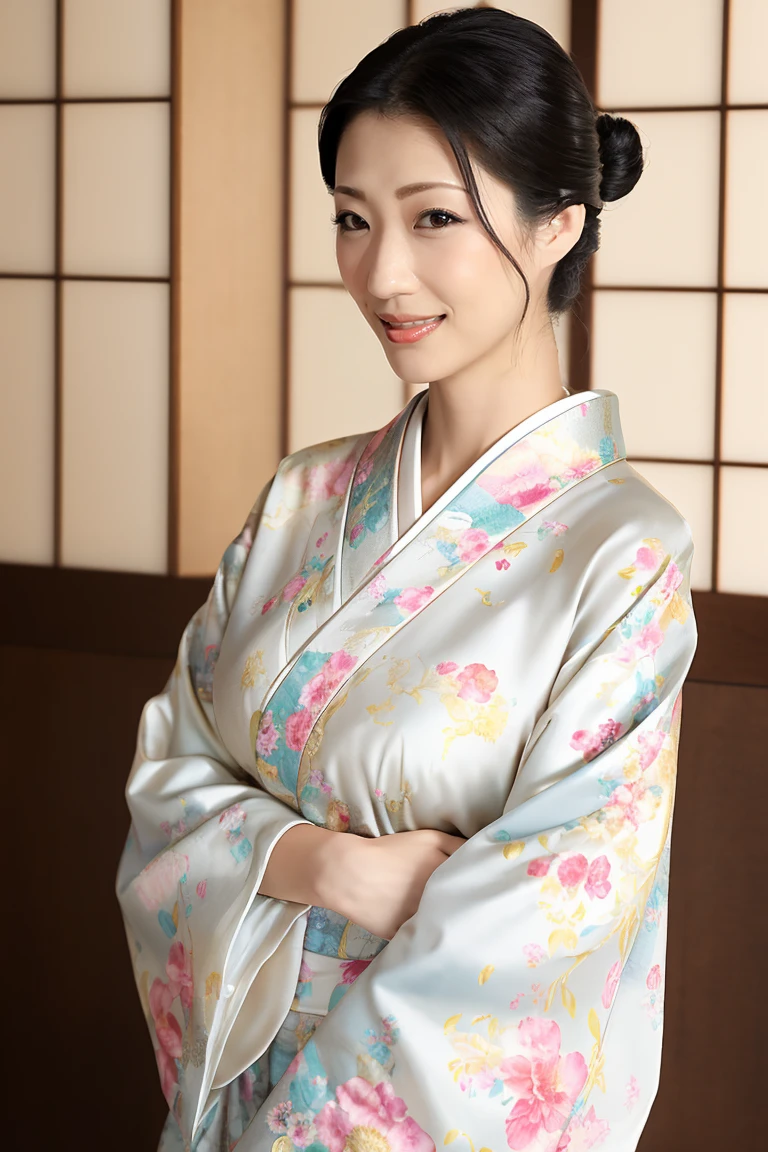 (最high quality、Tabletop、8K、Best image quality、Award-winning works)、(一人のbeautiful成熟した女性:1.1)、Adult face、(Innkeeper:1.1)、(Elegant floral kimono:1.2)、(A kimono with a perfect and precise collar:1.2)、Perfect mature woman portrait photo、Glowing Skin、Standing Elegantly、(Blurred elegant and exquisite perfect Japanese style room background:1.3)、(The most natural and perfect tidy Japanese style room background:1.2)、Glowing White Skin、Very white skin、(Accentuate your body lines:1.1)、(The most graceful posture:1.2)、(Large Breasts:1.2)、A perfect smile、完璧なbeautiful光沢のある唇、(Accurate anatomy:1.2)、(A perfect and elegant outfit:1.1)、(Standing with good posture:1.1)、(beautiful, high quality, Large kimono obi:1.2)、(Long kimono:1.2)、(完璧で自然なbeautiful袖:1.2)、(完璧で自然なbeautiful衿:1.2)、(完璧で自然なbeautiful着物:1.2)、(完璧で自然なbeautiful袂:1.2)、(完璧で自然なbeautiful帯締:1.2)、(Chignon:1.1)、(Close-up of face:1.3)