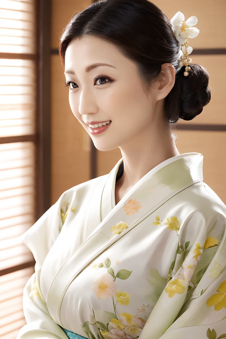 (最high quality、Tabletop、8K、Best image quality、Award-winning works)、(一人のbeautiful成熟した女性:1.1)、Adult face、(Innkeeper:1.1)、(Elegant floral kimono:1.2)、(A kimono with a perfect and precise collar:1.2)、Perfect mature woman portrait photo、Glowing Skin、Standing Elegantly、(Blurred elegant and exquisite perfect Japanese style room background:1.3)、(The most natural and perfect tidy Japanese style room background:1.2)、Glowing White Skin、Very white skin、(Accentuate your body lines:1.1)、(The most graceful posture:1.2)、(Large Breasts:1.2)、A perfect smile、完璧なbeautiful光沢のある唇、(Accurate anatomy:1.2)、(A perfect and elegant outfit:1.1)、(Standing with good posture:1.1)、(beautiful, high quality, Large kimono obi:1.2)、(Long kimono:1.2)、(完璧で自然なbeautiful袖:1.2)、(完璧で自然なbeautiful衿:1.2)、(完璧で自然なbeautiful着物:1.2)、(完璧で自然なbeautiful袂:1.2)、(完璧で自然なbeautiful帯締:1.2)、(Chignon:1.1)、(Close-up of face:1.3)