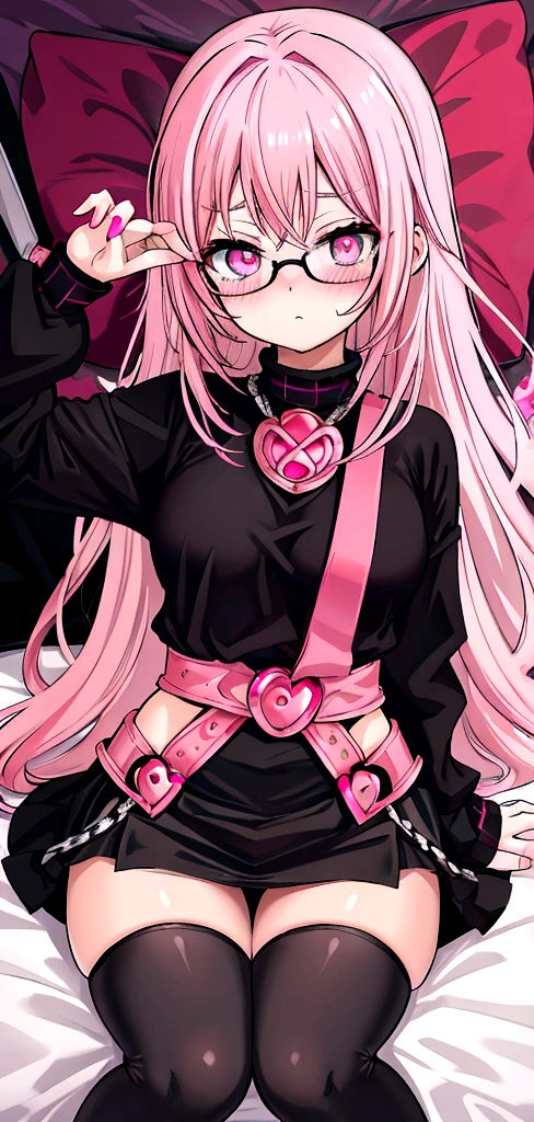 pink hair black glasses pink eyes extremely blushing a large pink sweater short black skirt at the waist chains black stockings that she is a reserved girl her bed that she is on her knees touching her butt