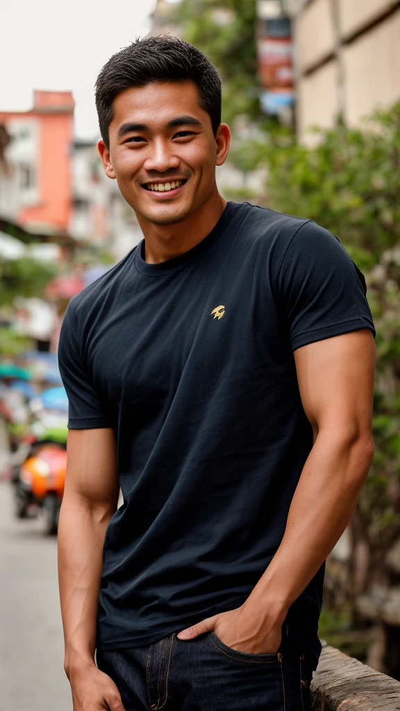 Thai man ,man,He is about 30 years old..,Rough and handsome appearance,large breastsj,Big waistline,buzz cut, angry, sullen, best quality, Masterpiece,(Have muscles:4.5),(best quality,high resolution,Masterpiece:1.2),The eyes are natural and delicate..,1 person,alone,gay asian,muscle,Long legs,brave,short hair details,conjunctivitis ,strong,brown eyes, (outdoor background road :1.5),in the market,sit (dark blue t-shirt:1.3),Jeans ,smile