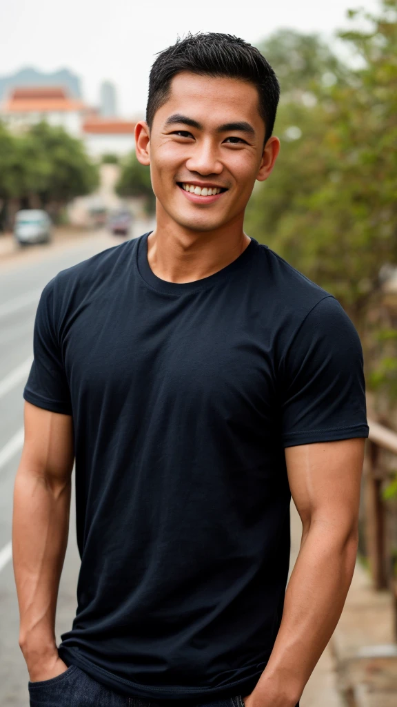 Thai man ,man,He is about 30 years old..,Rough and handsome appearance,large breastsj,Big waistline,buzz cut, angry, sullen, best quality, Masterpiece,(Have muscles:4.5),(best quality,high resolution,Masterpiece:1.2),The eyes are natural and delicate..,1 person,alone,gay asian,muscle,Long legs,brave,short hair details,conjunctivitis ,strong,brown eyes, (outdoor background road :1.5),in the market,sit (dark blue t-shirt:1.3),Jeans ,smile