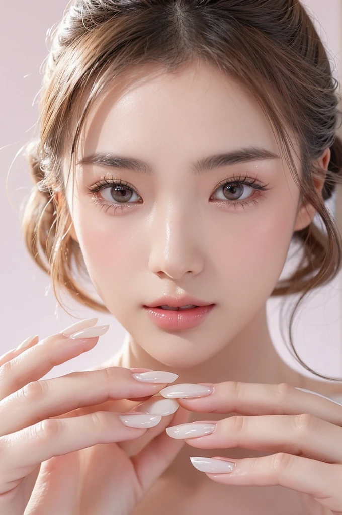 A close-up portrait of a Japanese woman in a studio setting, with beautifully styled light-colored hair and makeup. She has dusty pink nail polish on her nails, which are clearly visible as her hand gently touches her cheek. Her hand is elegantly positioned with well-defined fingers and nails, prominently displaying the nail art. The lighting is bright and illuminating, enhancing the clarity and details of the image. The background is pure white, creating a clean and bright atmosphere. Ensure the background is completely white with no other elements.