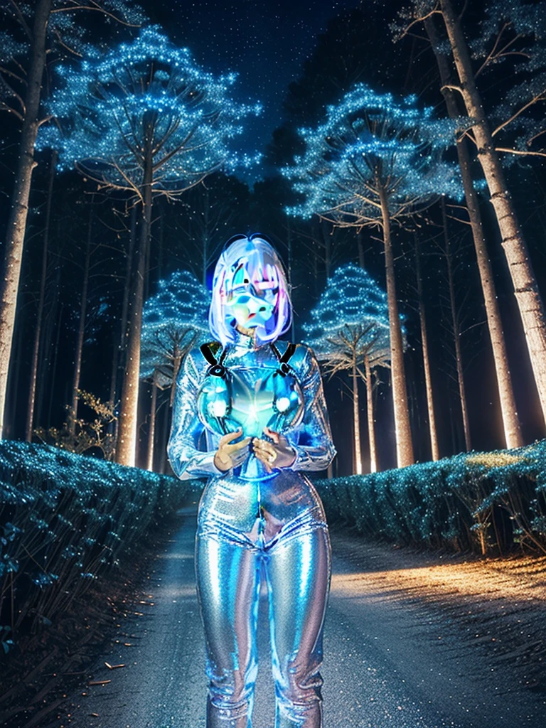 (shiny white skin:1.4),(shiny girl with  gigantic breast:1.4),(cute face:1.2) , (white hair:1.2),(mysterious blue glowing trees at night :1.4) ,(metallic tight coverall:1.5),(bangs:1.2)
