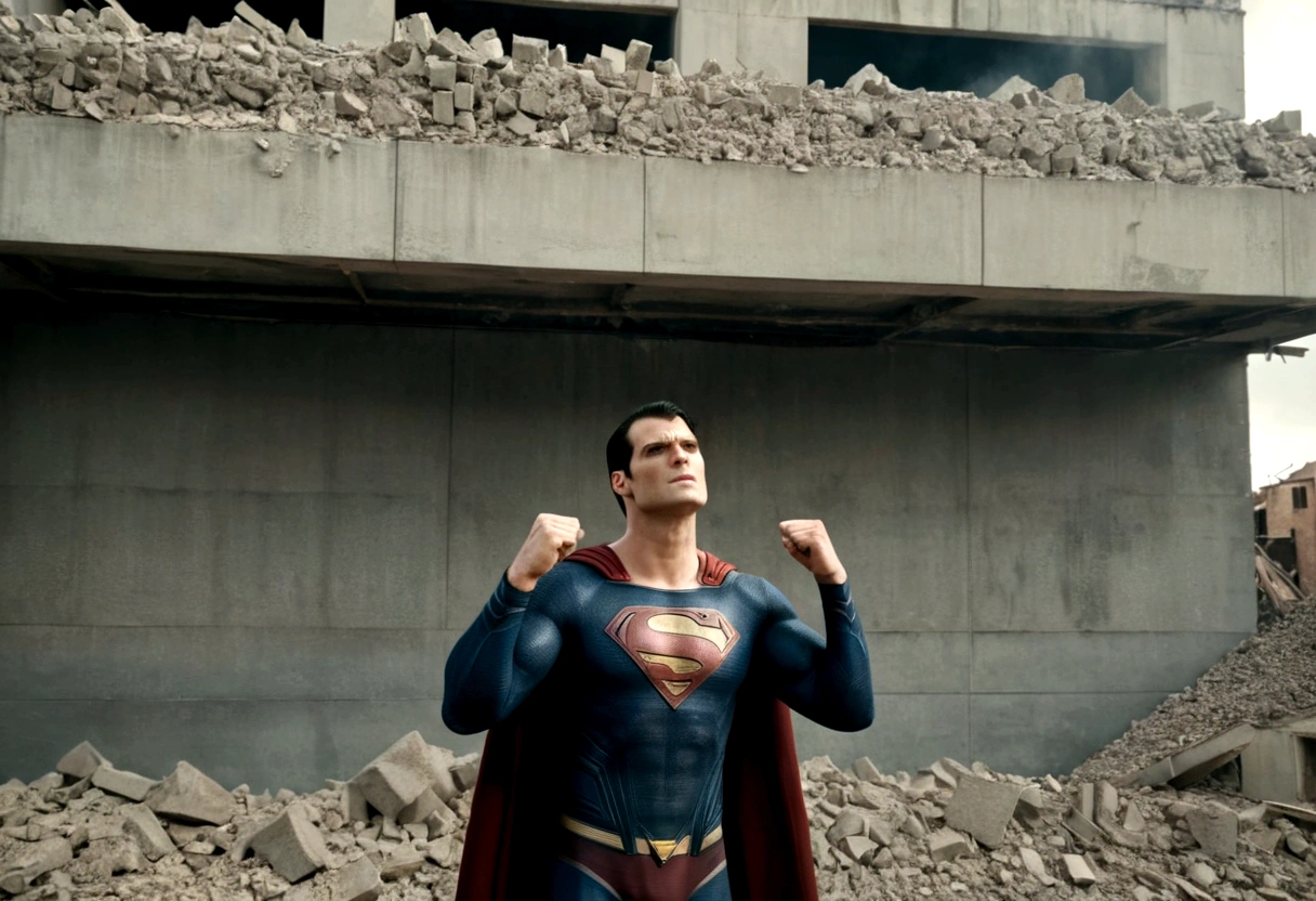 Superman holding up a large peice of building wall from crushing people underneath ,in a scenario with destruction , traditional clothes , Standard scenario , images without deformities , best overall quality , ​masterpiece