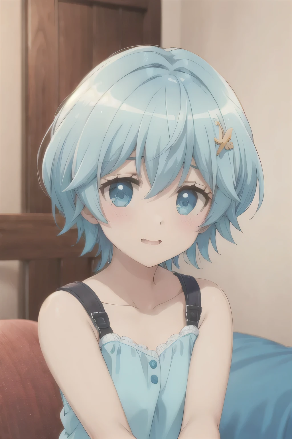 short hair，Blue Hair，Acting cute，Perfect