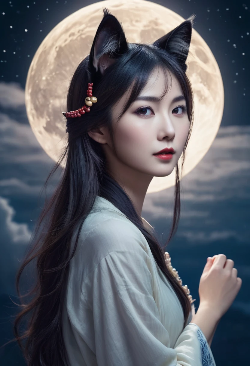 Apparition ，Girl, Cat ear, Beautiful oriental woman, Moonlit Night Background , Realistic Women, lovely
