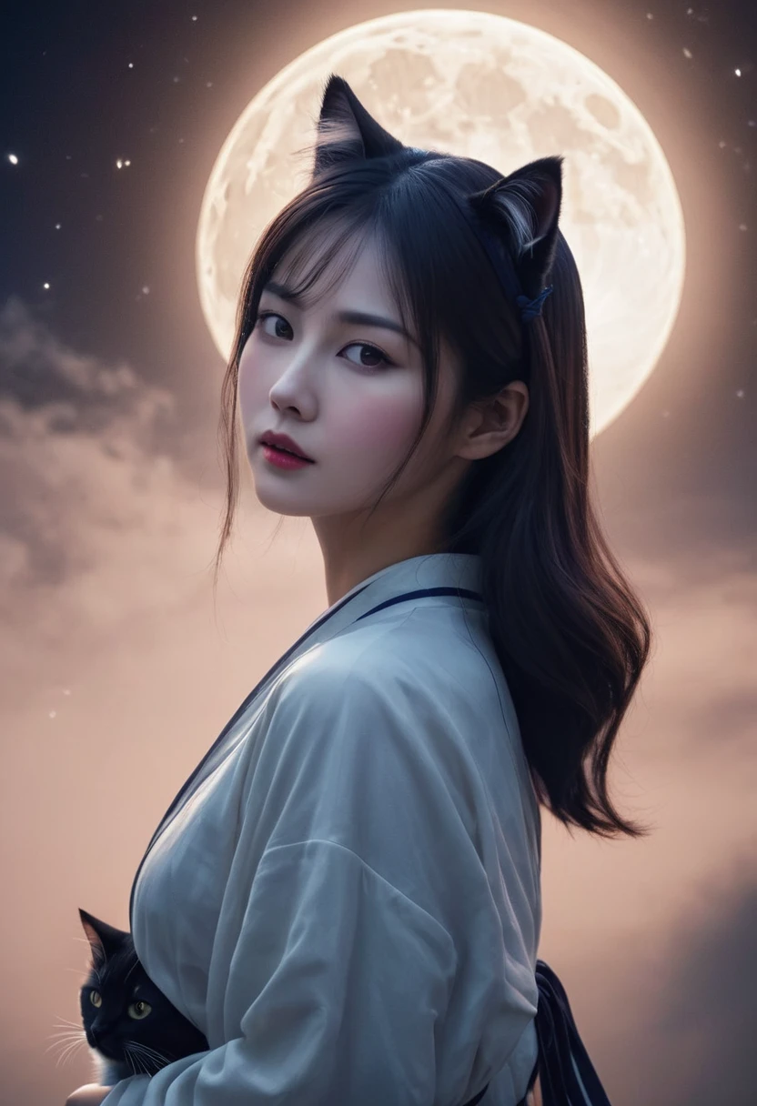 Apparition ，Girl, Cat ear, Beautiful oriental woman, Moonlit Night Background , Realistic Women, lovely
