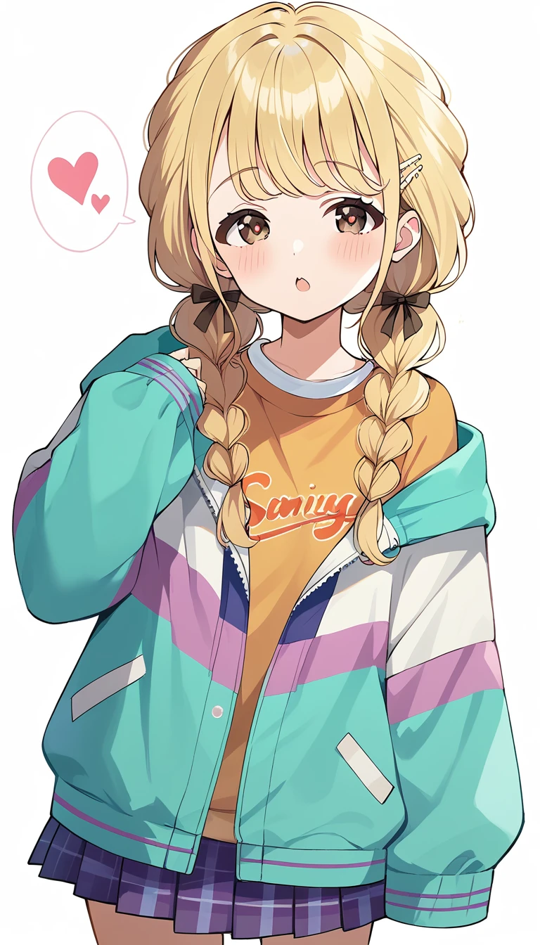 score_9, score_8_up, score_7_up, source_anime, rating_safe,super detailed , kotone-default,fujita kotone,brown eyes, blonde hair,twin braids,hair ornament,(white hairclip:0.8), multicolored hoodie,sleeves past wrists,orange shirt,pleated skirt,plaid skirt, (heart eyes),(heart in eyes),spoken heart,open mouth,dutch angle,small breast ,blush,beautiful face,beautiful eyes,details eyes,white background 