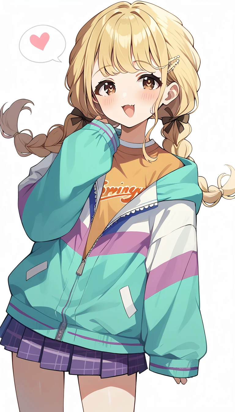 score_9, score_8_up, score_7_up, source_anime, rating_safe,super detailed , kotone-default,fujita kotone,brown eyes, blonde hair,twin braids,hair ornament,(white hairclip:0.8), multicolored hoodie,sleeves past wrists,orange shirt,pleated skirt,plaid skirt, (heart eyes),(heart in eyes),spoken heart,open mouth,dutch angle,small breast ,blush,beautiful face,beautiful eyes,details eyes,white background 