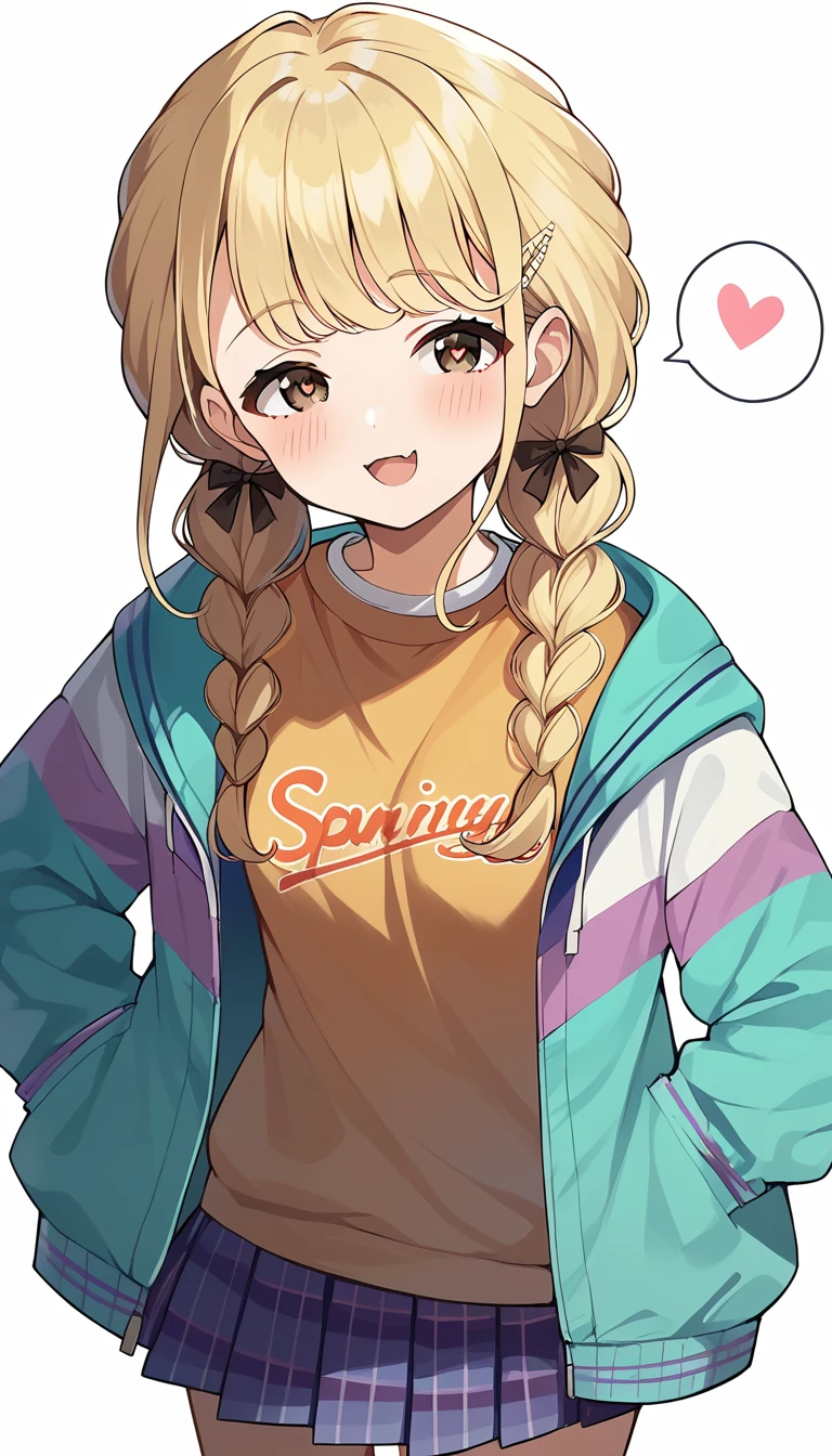 score_9, score_8_up, score_7_up, source_anime, rating_safe,super detailed , kotone-default,fujita kotone,brown eyes, blonde hair,twin braids,hair ornament,(white hairclip:0.8), multicolored hoodie,sleeves past wrists,orange shirt,pleated skirt,plaid skirt, (heart eyes),(heart in eyes),spoken heart,open mouth,dutch angle,small breast ,blush,beautiful face,beautiful eyes,details eyes,white background 