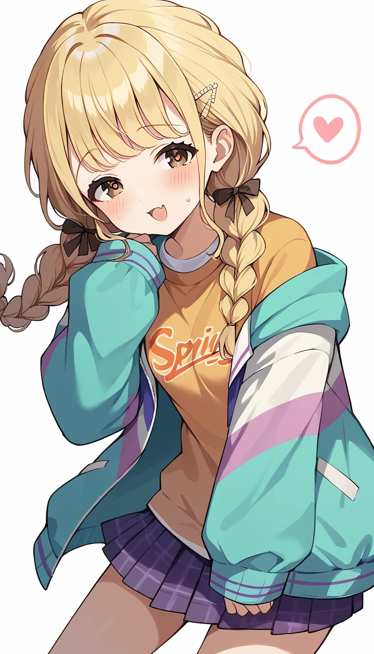 score_9, score_8_up, score_7_up, source_anime, rating_safe,super detailed , kotone-default,fujita kotone,brown eyes, blonde hair,twin braids,hair ornament,(white hairclip:0.8), multicolored hoodie,sleeves past wrists,orange shirt,pleated skirt,plaid skirt, (heart eyes),(heart in eyes),spoken heart,open mouth,dutch angle,small breast ,blush,beautiful face,beautiful eyes,details eyes,white background 