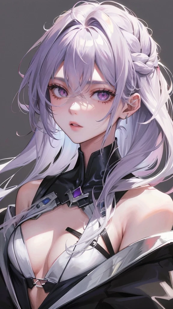  Masterpiece, Highest quality, hairสีน้ำตาล, Silver eyes, parted 前hair, ((24 year old teenager)), 1girl, big bust, half-body, length_serrated_tangle_hair, serrated_前hair, earring, Simple dark suit, half_body_portrait photography, alone, 1_girl, alone, half body, Cold eyes,detailing eyes.