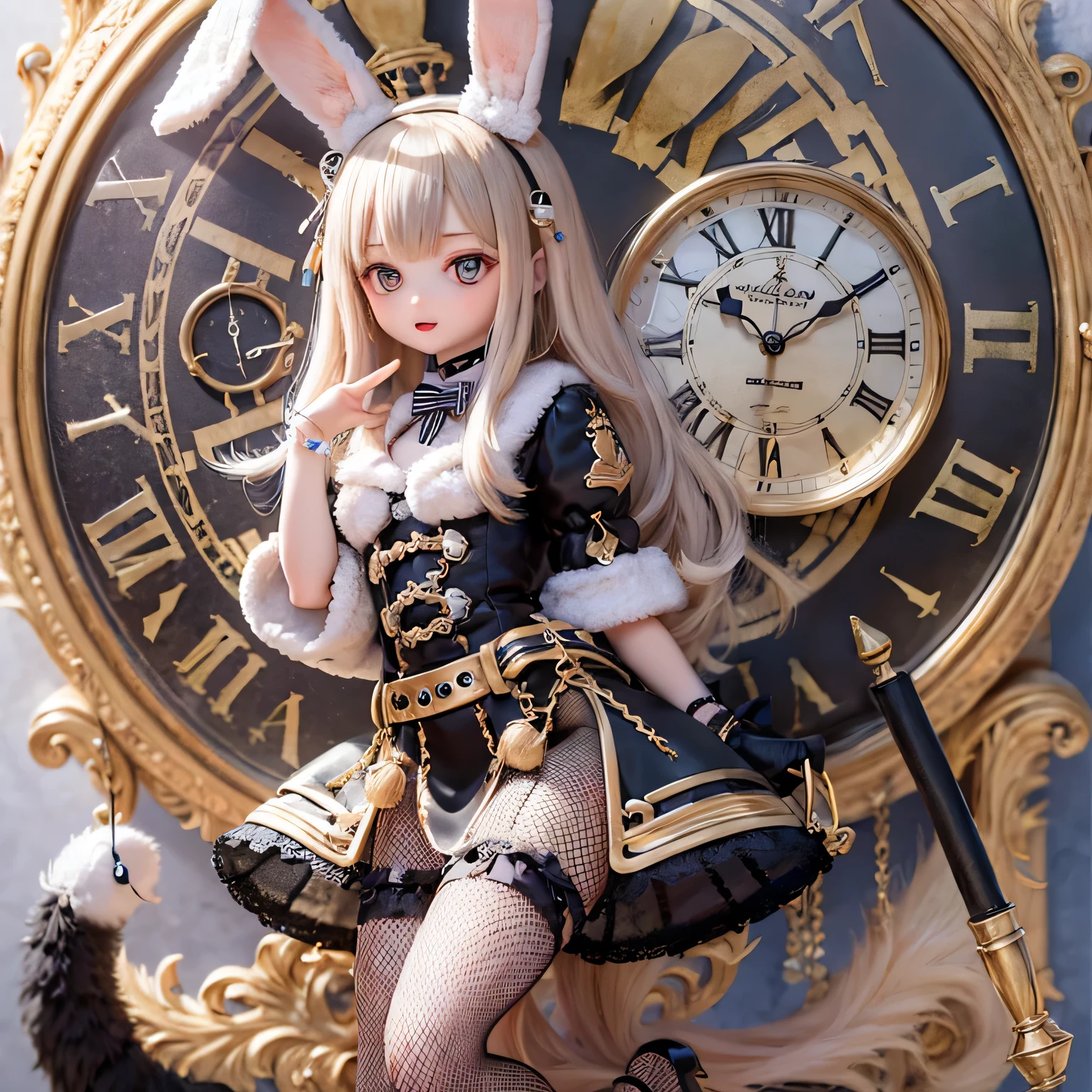 
The rabbit girl is holding a big clock with Alice_Wonderland