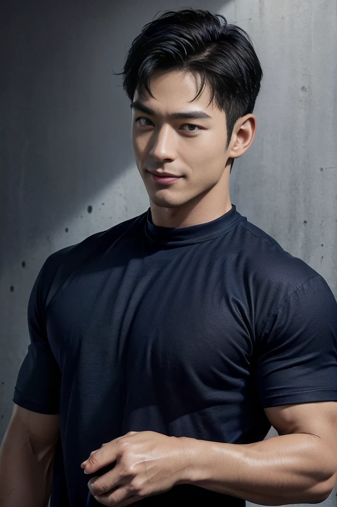 (Create a masterpiece: 1.2),(CGI art:1.3),(realistic:1.5),(After processing:1.3), (Sharp focus:1.3), 1 man, open mouth, smile, (Navy blue round neck shirt:1.3), Navy cargo pants, Korean guy , korean men, (High gloss details), chest muscles, large arm muscles, blood vessel, Big muscles, Broad shoulders, looking at the audience, Balancing the eyes, bedroom
