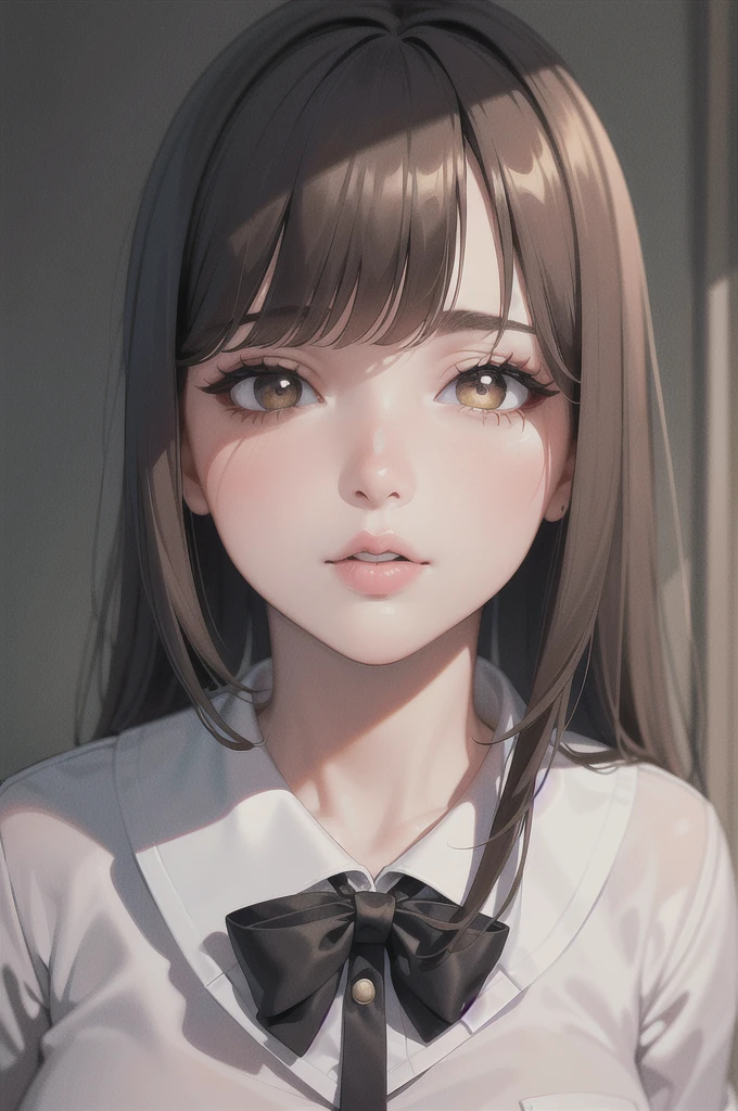 "(A perfect masterpiece:1.2), (the best quality:1.2), stunning face, schoolgirl uniform, mature and chubby, big pupils, bright eyes, makeup, long and luxurious eyelashes, full lips, irresistible charisma."transparent