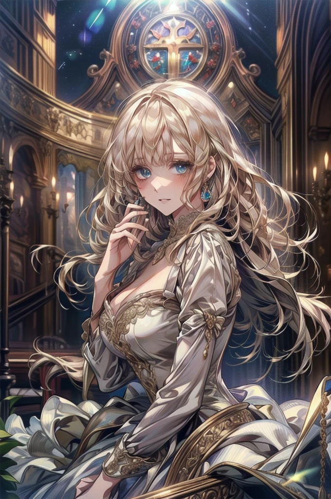 (((Dress Transparent Dress))), (((The dress features a voluminous hoop skirt and a long hem.、A gorgeous, incomparably gorgeous Rococo Victorian gown, Princess style skirt))), (ガウン shine まばゆいばかりに キラキラ 反射する プリズム状 透明 ガウン:1.2), (Gown A very elaborate gown:1.5), ((Huge breasts)), (Expressive hair), Very voluminous、Very long hair, bangs, Super delicate and beautiful face, Beautiful Lips, (Hyper Detail: Delicate and beautiful eyes), Cleavage, Beautiful smile, (((Young Face, Solo Enchanting Adorable Princess, Teenage Girl, pretty girl, very pretty girl))), (Anime Moe Art Style 1.3), (((masterpiece, Super detailed, Highest quality, Ultra-high resolution, Great quality, Exceptional Quality, Super detailed, Ultra-high resolution, Unity 16K, 32k, ultra photo Realistic))), (Face Focus, Eye focus, Realistic, Blurred Background, Lens flare, shine, Light caustic effect:1.5), (Background of the church at night:1.3),