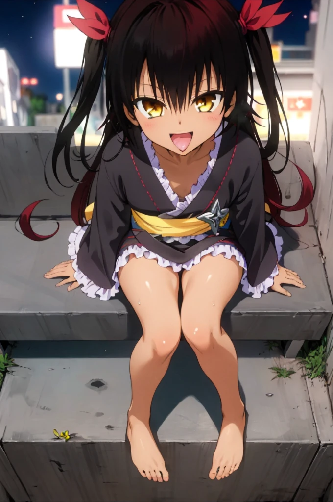 1girl, aster nemesis, dark-skinned female, black hair, very long hair, yellow eyes, flat chest kimono, obi, ribbon, twin tails, looking at viewer, outdoors, city, night, smile, ,sitting on ground,,(nsfw),***,bare foot,from above,(((cun))),open mouth,tongue