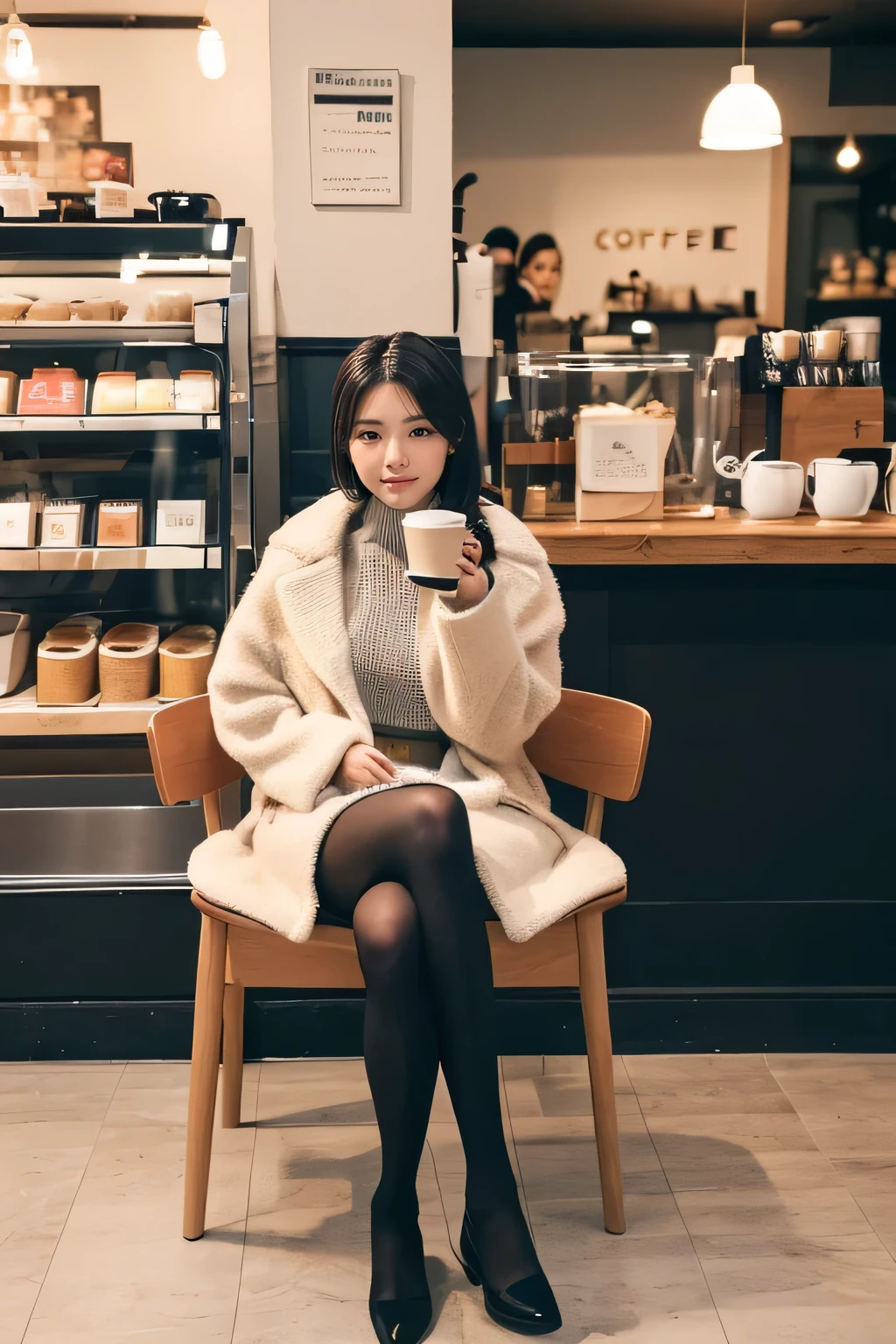 high quality,16K:1.1),(, Woman sitting on a chair in a coffee shop)(Full Body Shot:1.2),Black Hair、ear piercing、smile、Beautiful teeth alignment、((coat、sweater、Knee-length skirt、tights、パンプス)), ,(View your audience:1.3),Coffee shop in the background
