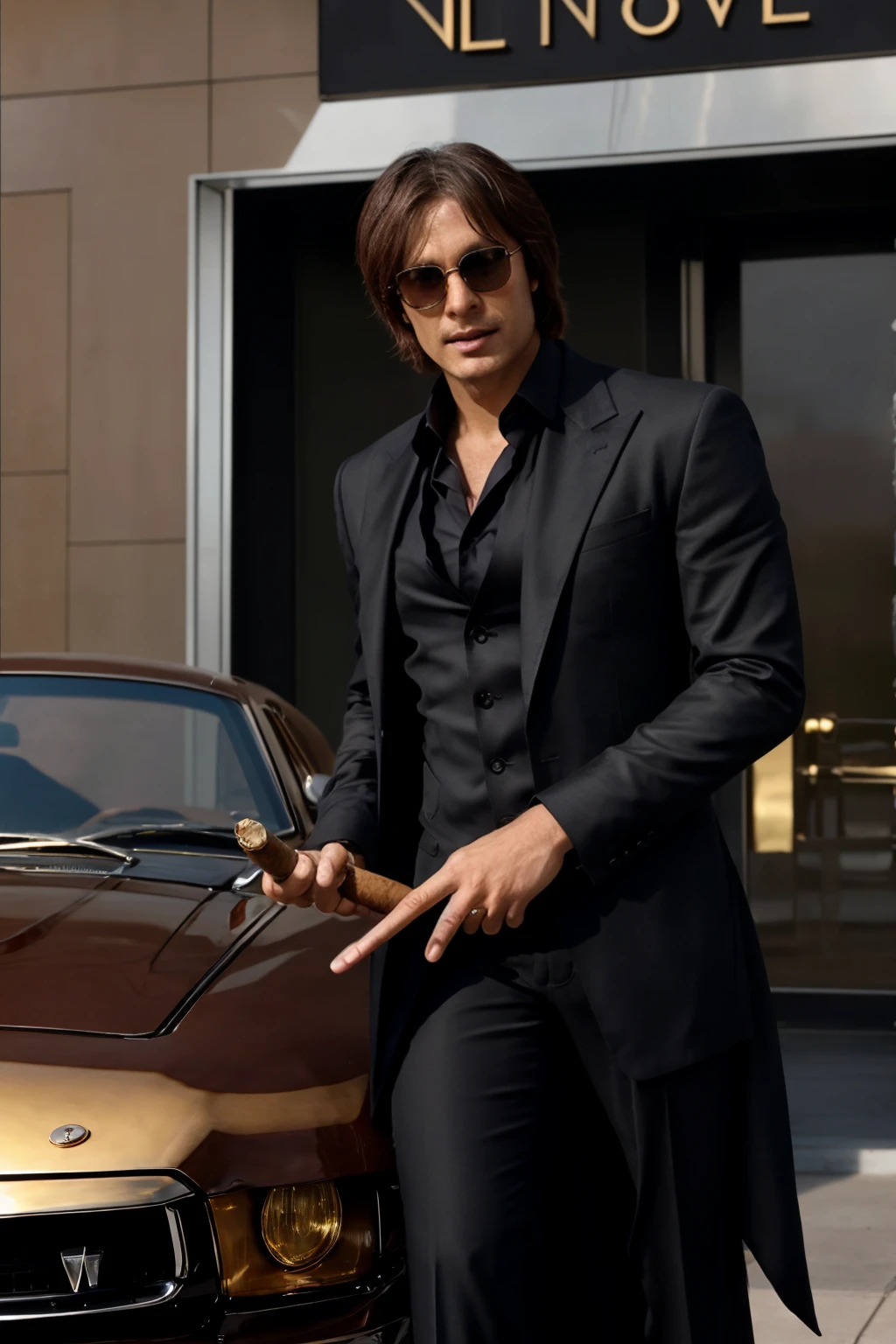 "Damon Salvatore, exuding the aura of a charismatic mafia gangster, stands beside his sleek black Mustang GT parked in front of a luxurious Las Vegas hotel. The sun is high in the sky, casting a brilliant golden light that intensifies the vibrant atmosphere. Damon is dressed in a fitted black silk dress shirt that accentuates his muscular frame, paired with stylish shades that add an air of mystery to his intense gaze. He holds a lit cigar in one hand, the smoke lazily rising into the sunlit air. With his other hand, he confidently opens the door of his car, revealing the inviting interior within. The sunlight plays off his ruggedly handsome face and dark hair, enhancing his commanding presence against the backdrop of the bustling Las Vegas strip and the glamorous hotel facade. Damon's poised demeanor and the sunny ambiance create a scene of effortless allure and power."






