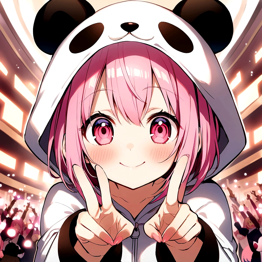anime、Girl in panda costume、Pink Hair、Pink Eyes、Cute pose、Congratulations on 4000 people
