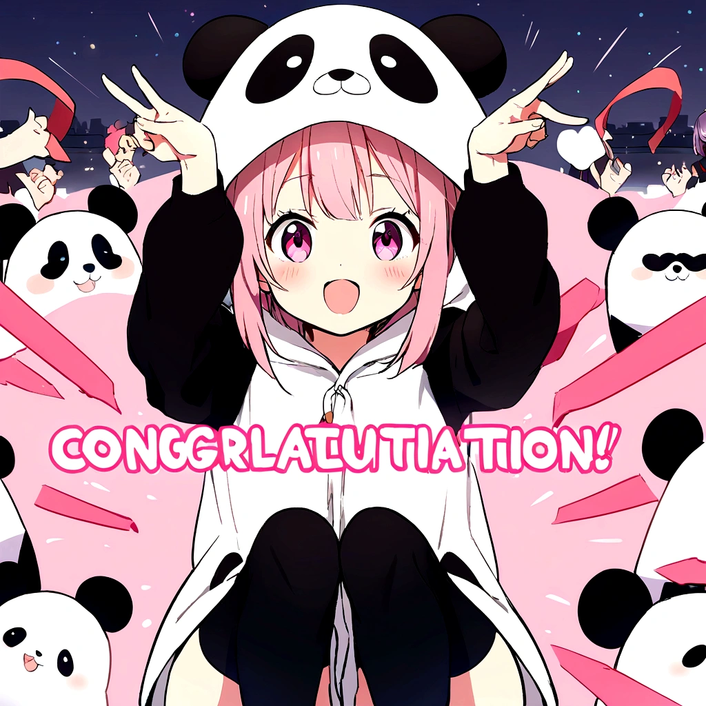 anime、Girl in panda costume、Pink Hair、Pink Eyes、Cute pose、Congratulations on 4000 people