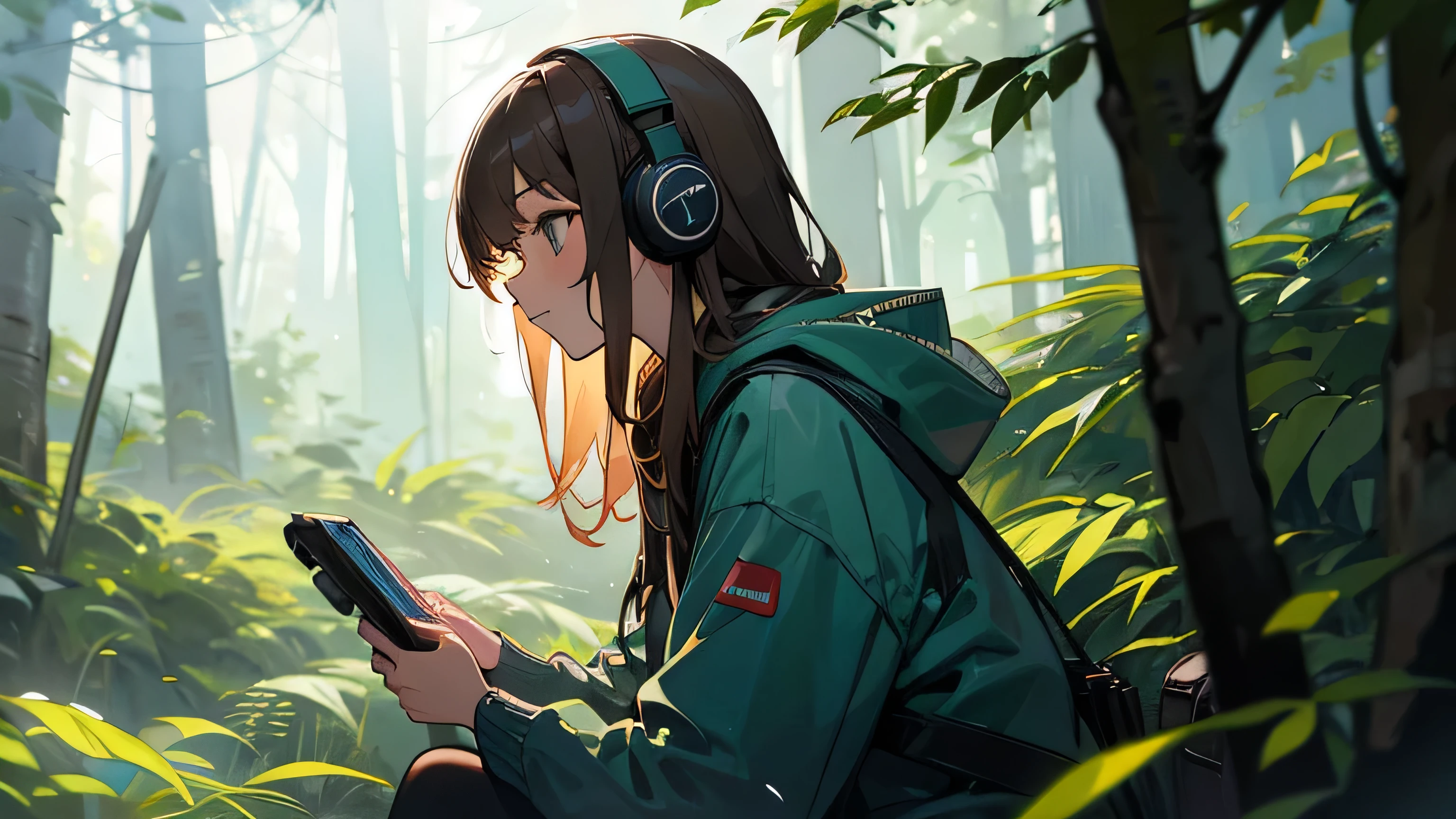 In the forest, girl listening to music
