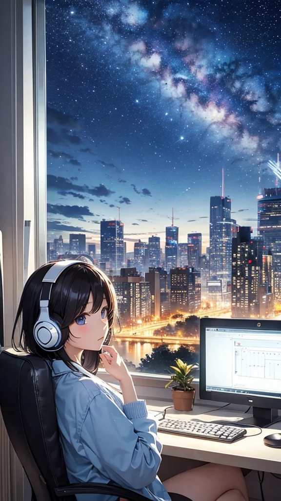 Background night sky Large windows Landscape Put the headphones on your head、Listening to music playing from a computer girl