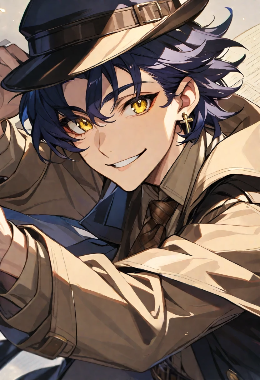 Solo,1 male, dark blue hair, yellow eyes, cross earring, black coat, light brown shirt, detective, smile facial