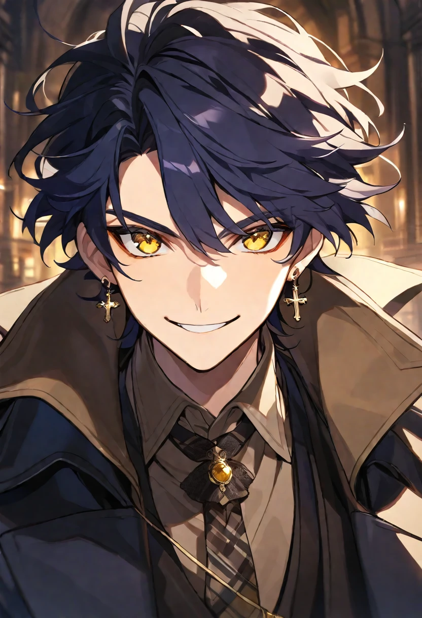 Solo,1 male, dark blue hair, yellow eyes, cross earring, black coat, light brown shirt, detective, smile facial