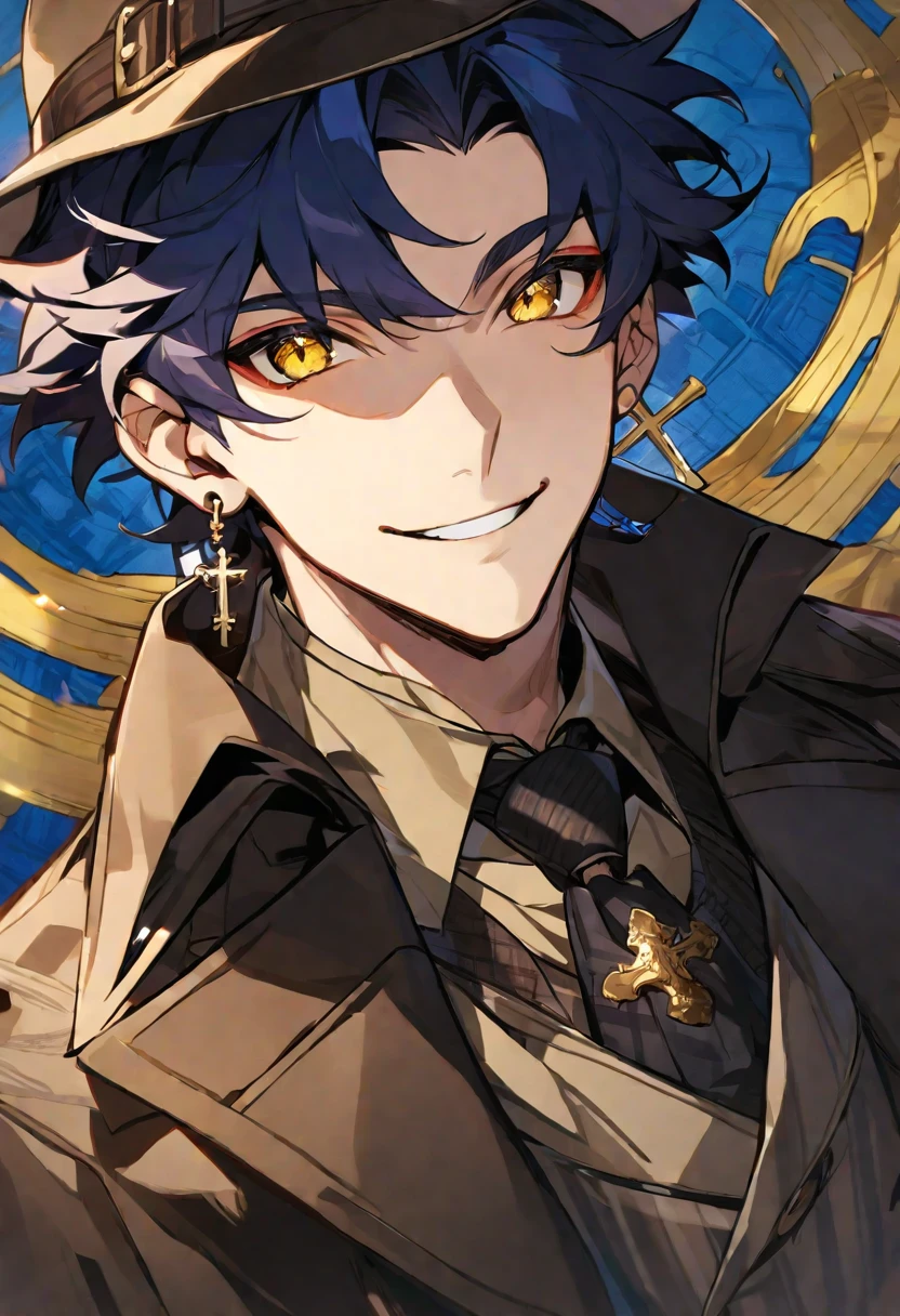 Solo,1 male, dark blue hair, yellow eyes, cross earring, black coat, light brown shirt, detective, smile facial