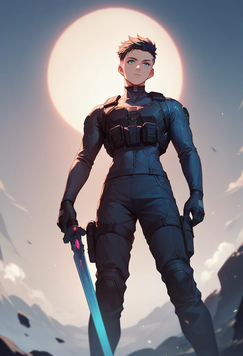Black short hair man, Dark blue eyes, Black cyberpunk combat suit, Three glowing little blue swords falling from the sky, cool, An illustration