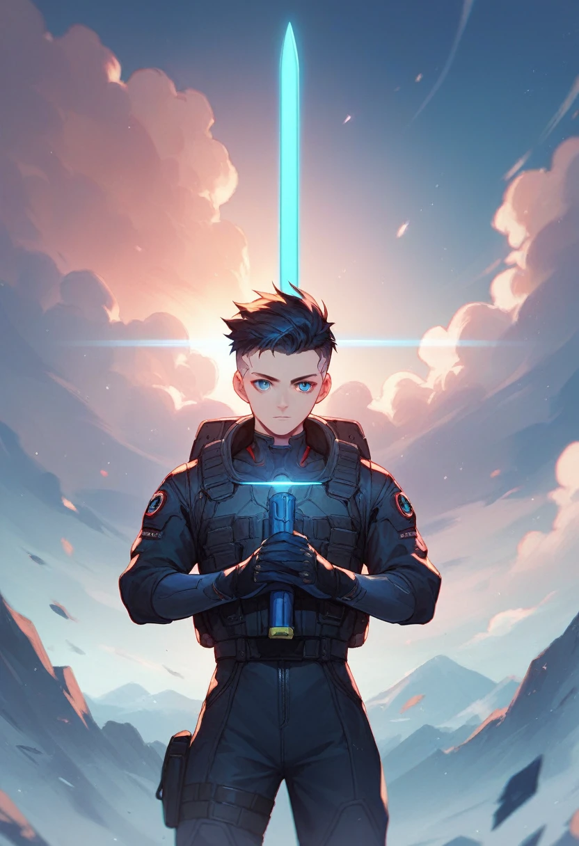 Black short hair man, Dark blue eyes, Black cyberpunk combat suit, Three glowing little blue swords falling from the sky, cool, An illustration