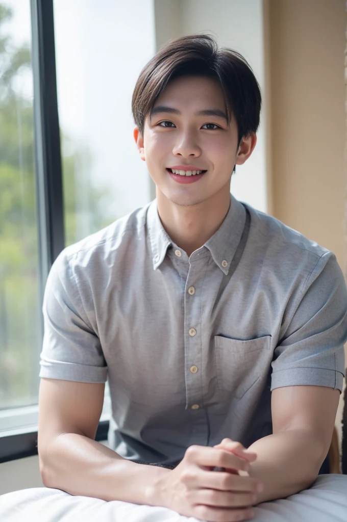 ((Highest quality, 8K, Masterpiece: 1.3))、Thailand Laos Burma Asia, Thai man, A handsome Asian rugby player with short hair, a muscular beard, and big muscles., 1A man who has、 yo、Good appearance、Beautiful nose、smile、 Detailed eyes and face、beautiful light、(studio)、high resolution、(Look at the viewer.)、Fine mouth、smile、whole body: 1.5, perfect shape: 1.3, looking at camera ,Gray button-down shirt , bedroom sunlight looking at the sea