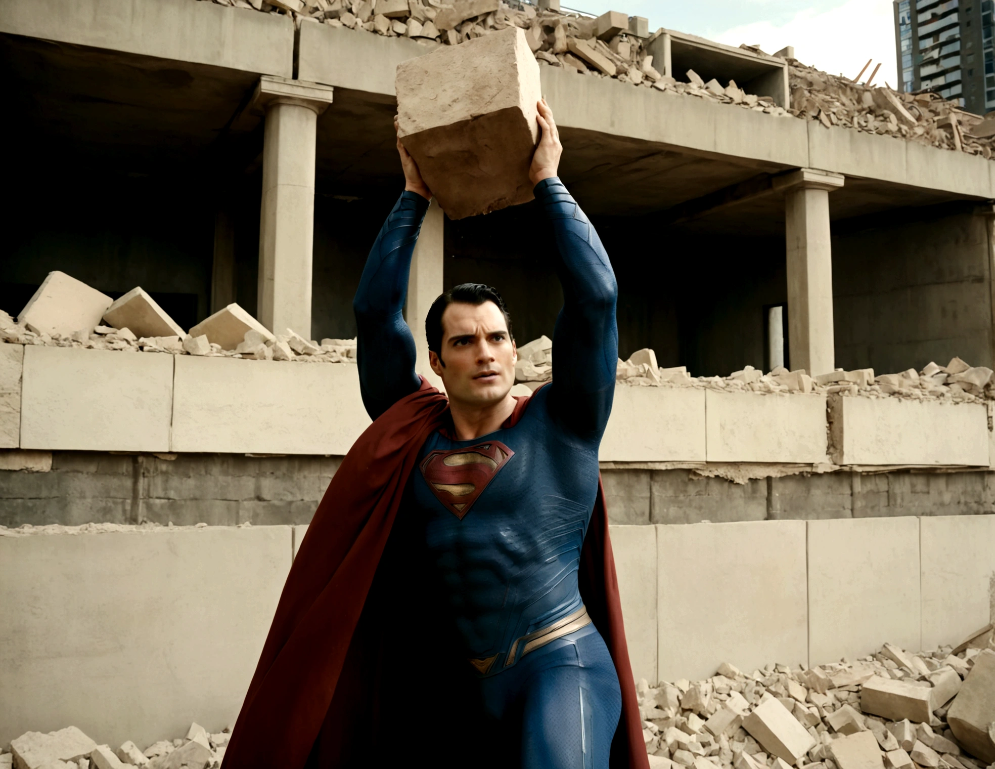Superman holding up a large peice of building wall from crushing people underneath ,in a scenario with destruction , traditional clothes , Standard scenario , images without deformities , best overall quality , ​masterpiece