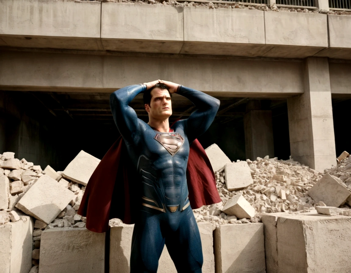Superman holding up a large peice of building wall from crushing people underneath ,in a scenario with destruction , traditional clothes , Standard scenario , images without deformities , best overall quality , masterpiece