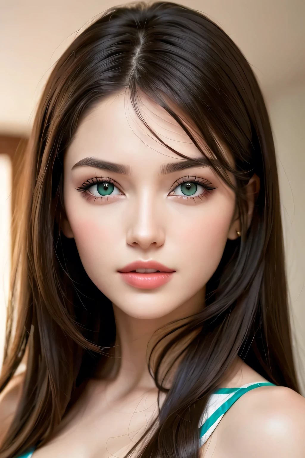 Create a feminine face, light dark brunette woman with full lips, green eyes with all the beauty you can create with a little of each female world nationality, natural beautiful,rare and unique outsized front face