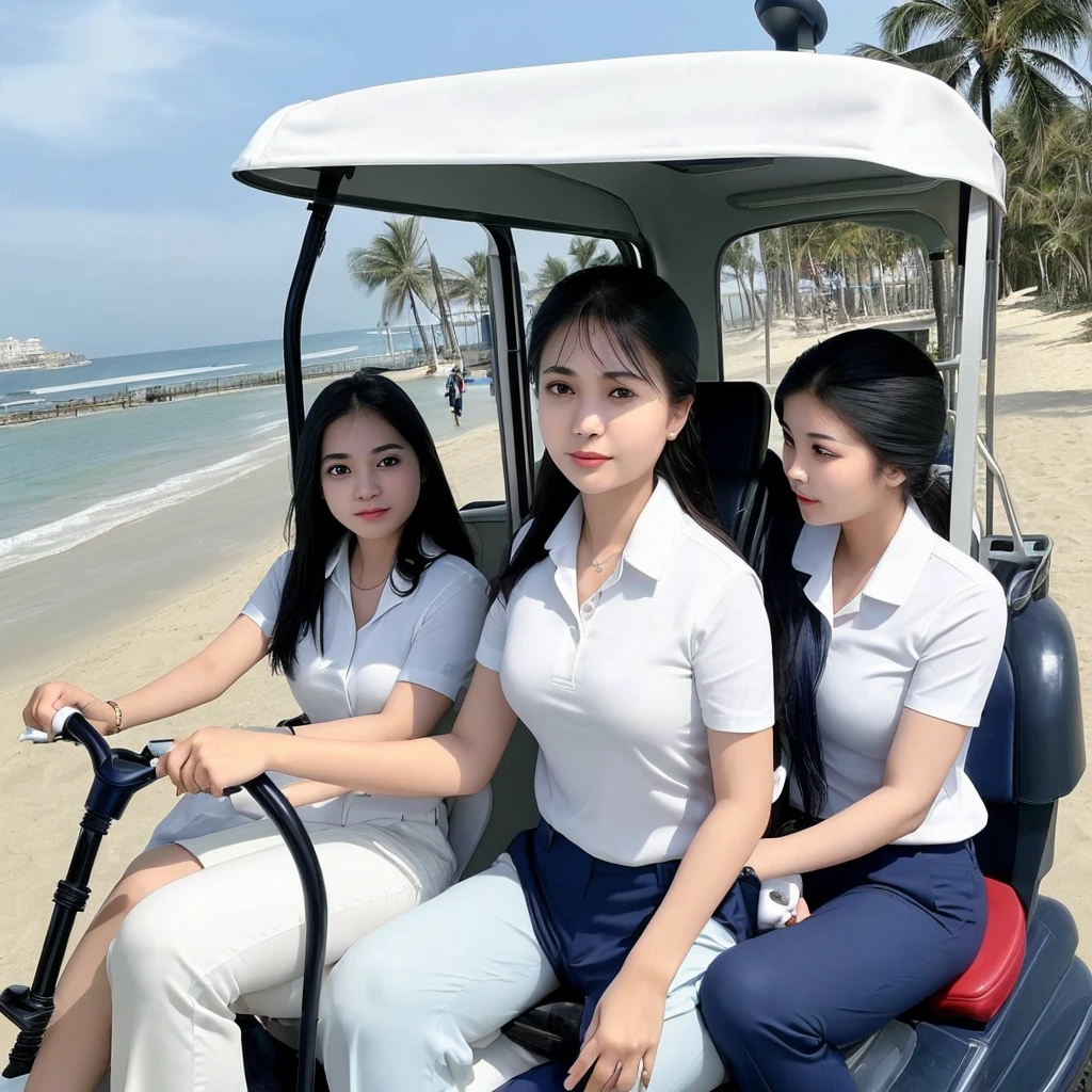 1 Thai female employee wearing wearing a white shirt and navy blue pants driving a golf cart, with 6 Arab female guests sitting in the same cart enjoying the ride, with a seaside background