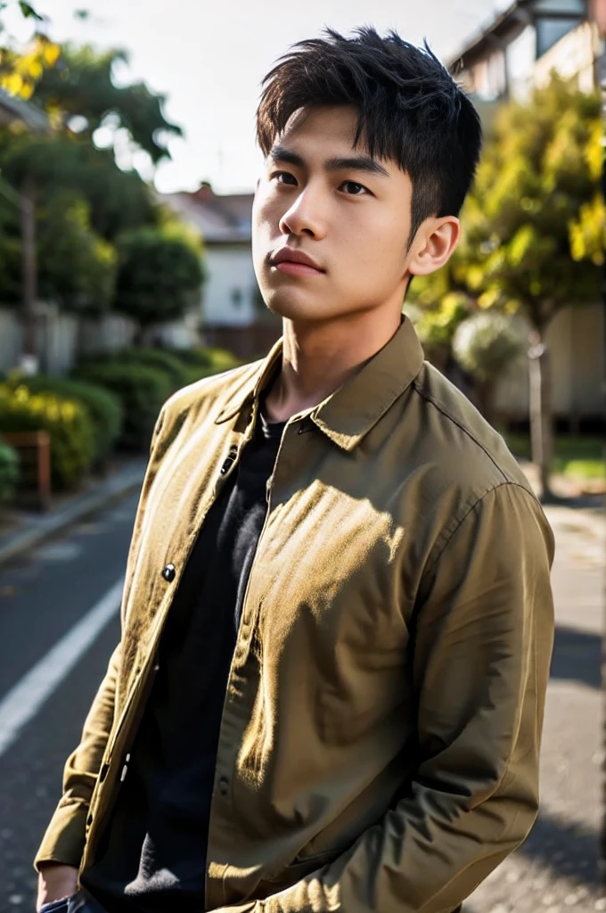 A young Asian man with large muscles looks at the camera. In a dark yellow button-up shirt. , measure , Normal sunlight