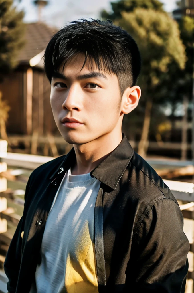 A young Asian man with large muscles looks at the camera. In a dark yellow button-up shirt. , measure , Normal sunlight