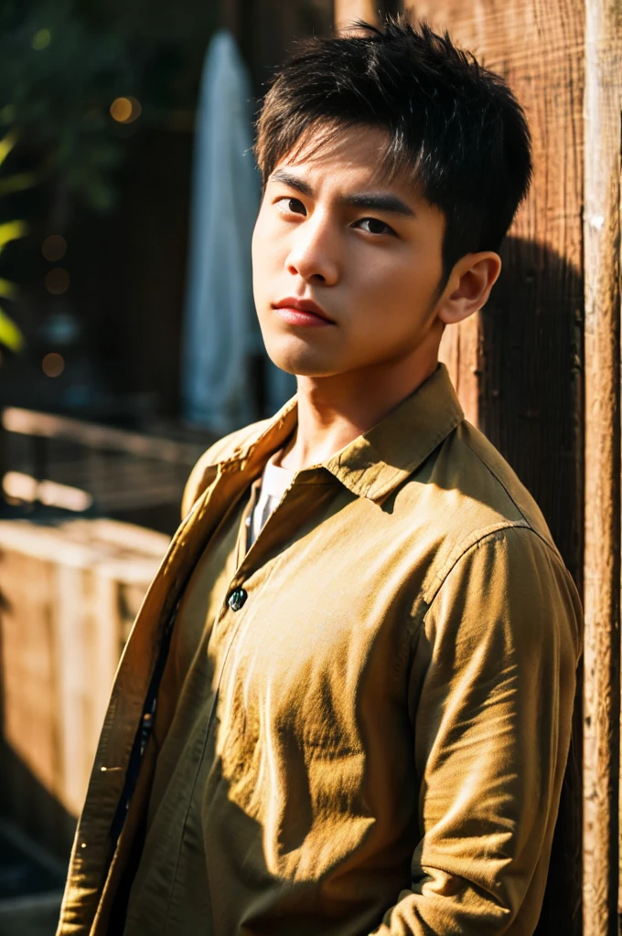 A young Asian man with large muscles looks at the camera. In a dark yellow button-up shirt. , measure , Normal sunlight
