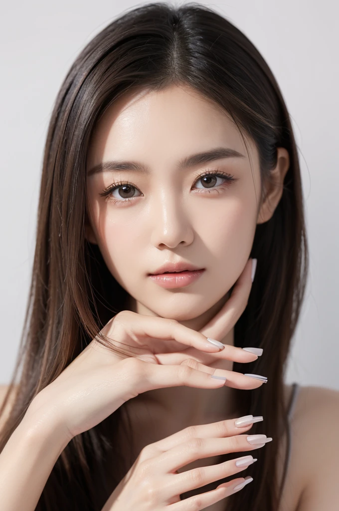 A close-up portrait of a Japanese woman in a studio setting, with beautifully styled light-colored hair and makeup. She has dusty pink nail polish on her nails, which are clearly visible as her hand gently touches her cheek. Her hand is elegantly positioned with well-defined fingers and nails, prominently displaying the nail art. The lighting is bright and illuminating, enhancing the clarity and details of the image. The background is pure white, creating a clean and bright atmosphere. Ensure the background is completely white with no other elements.
