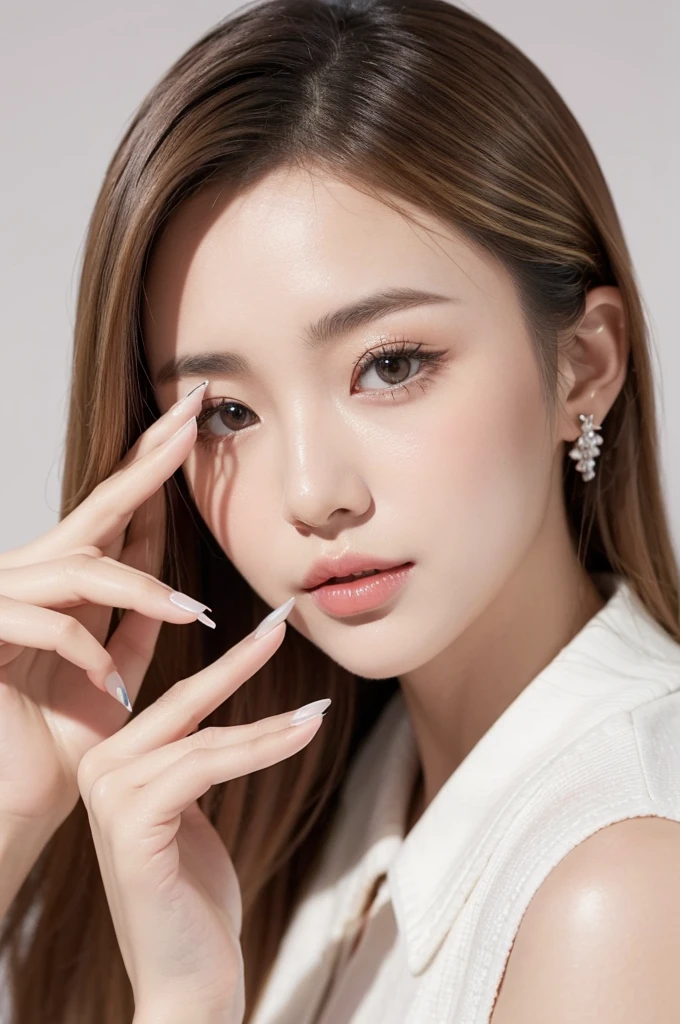 A close-up portrait of a Japanese woman in a studio setting, with beautifully styled light-colored hair and makeup. She has dusty pink nail polish on her nails, which are clearly visible as her hand gently touches her cheek. Her hand is elegantly positioned with well-defined fingers and nails, prominently displaying the nail art. The lighting is bright and illuminating, enhancing the clarity and details of the image. The background is pure white, creating a clean and bright atmosphere. Ensure the background is completely white with no other elements.
