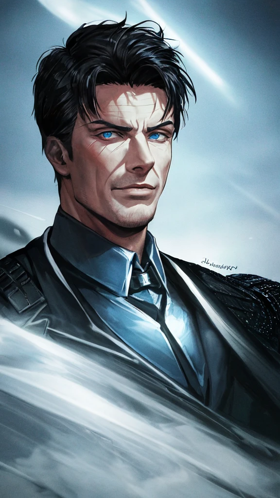 John Barrowman, male supervillain, black hair, blue eyes, smirk, white skin, sexy, best quality, 4k, 8k, highres, masterpiece, ultra-detailed, realistic, photorealistic, photo-realistic, superevil, villainous, intense gaze, detailed facial features, dramatic lighting, dark and moody atmosphere, chiaroscuro, cinematic, portrait