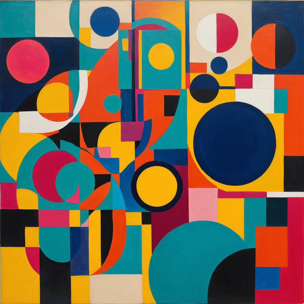 Abstract art exploration. Bold colors. Geometric shapes. Fluid compositions. By modernist visionary