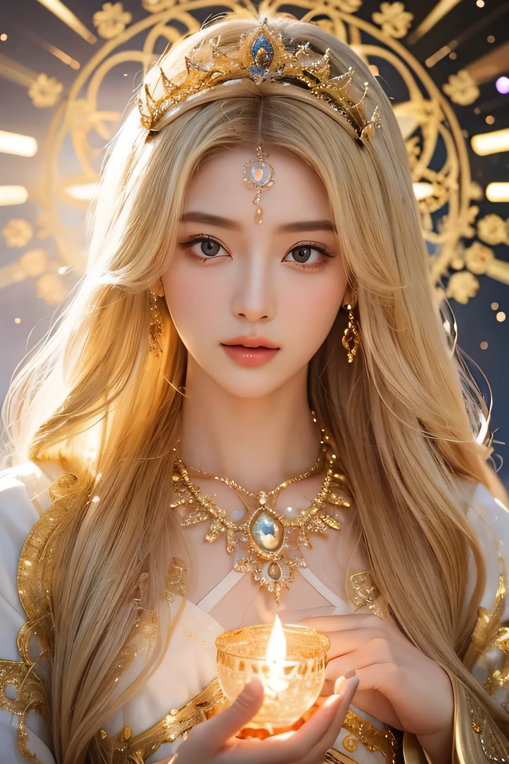 Super detailed,Realistic,（Front up）、Upper Body、goddess,Beautiful details in the eyes,Beautiful lip detail,flowing golden hair,Sparkling Decoration,Mysterious Aura,Otherworldly beauty,Graceful posture,Sacred Light,A powerful presence,Surroundings of Paradise,Bright colors,Fairytale atmosphere,Shining Sparkle,Calm expression,Transcendent Energy,Supreme Being,Mythical figures,Queen of Heaven,Strengthen your spirit,God Unleashed,Magnificent goddess,divine woman,Unparalleled elegance, A commanding presence,Captivating Gaze,Magical atmosphere,Peaceful tranquility,Awe-inspiring brilliance,God&#39;s Grace,Majestic Power,Eternal Peace,Magical Charms,Heavenly goddess,Captivating beauty,Sublime perfection,Dreamy atmosphere,Captivating beauty,Heavenly Divinity