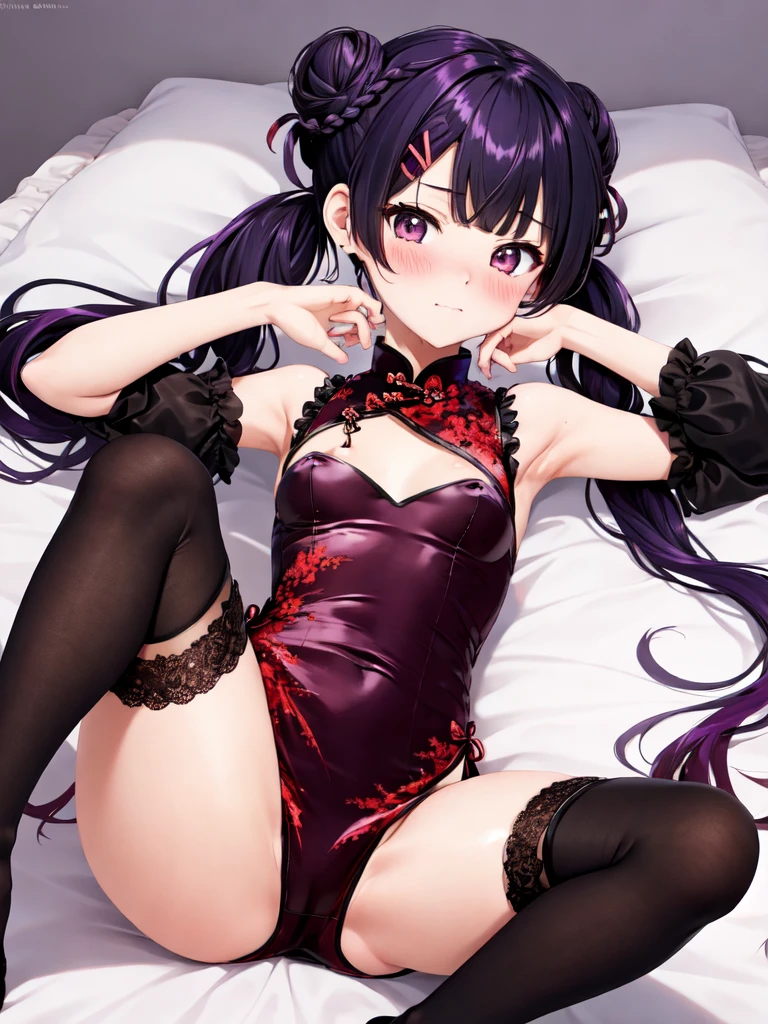 (best aesthetic,best quality,ultra high res,insanely detailed,exquisite,absolutely resolution,explicit),BREAK,(((perfect anatomy,perfect proportion,artstation female body))),BREAK,(detailed beautiful jewely catchlight gradient slant eyes),ligne claire,gleaming skin,super detailed skin,BREAK,nsfw,horny presenting,fall into pleasure,orgasm,looking at viewer,BREAK,(beautiful toddler gal,),prostitute,BREAK,small baby face,childish and super cute,((((blush)))),BREAK,Bishojo,ultra cute,Kawaii,BREAK,low body size,short stature,slender,BREAK,(((((jirai kei,yamikawa kei))))),BREAK,(black and purple ((streaked hair))),(((((double bun long twintails hair))))),BREAK,((shiny glossy metaric beautiful hair,gradient hair)),BREAK,((medium breasts)),((puffy nipples,erectile nipples,long nipples,huge areolas,bare breasts)),BREAK,(bare shoulders, china dress, chinese clothes,ultra micro mini short dress, cleavage cutout, sideboob, thighs,pelvic curtain),(satin:1.4),(sequins,lame:1.2),(shiny clothes:1.4),BREAK,(lace thigh high knee socks:1.4),zettai ryouiki,high heels,No panties,BREAK,(legs up,spread my legs:1.2),love hotel,(lying on bed,arms bhind back:1.4),evening,(sweet pussy,show off pussy:1.3),(dripping love juice:1.3)