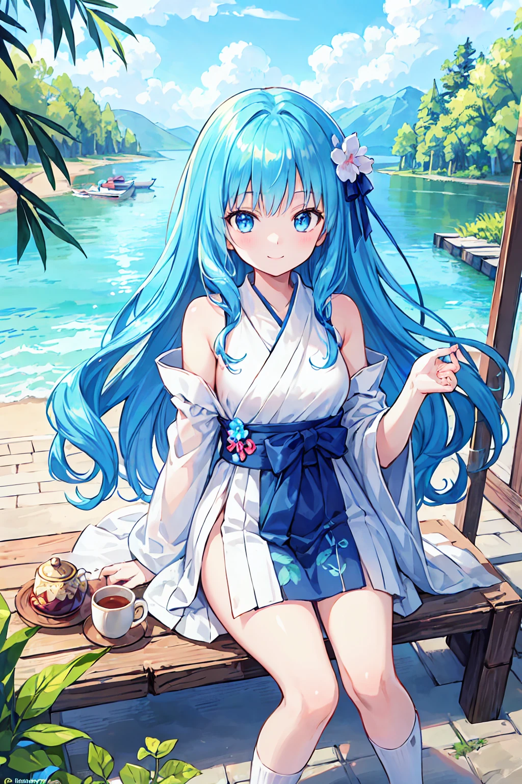 masterpiece, Highest quality, Official Art, 8k wallpaper, Very detailed, figure, 1 Girl, Sky blue hair, Long Hair, Fine grain, Forrest Gump, Bare shoulders, Hanfu, lake, Pure, A kind smile, bamboo, tea