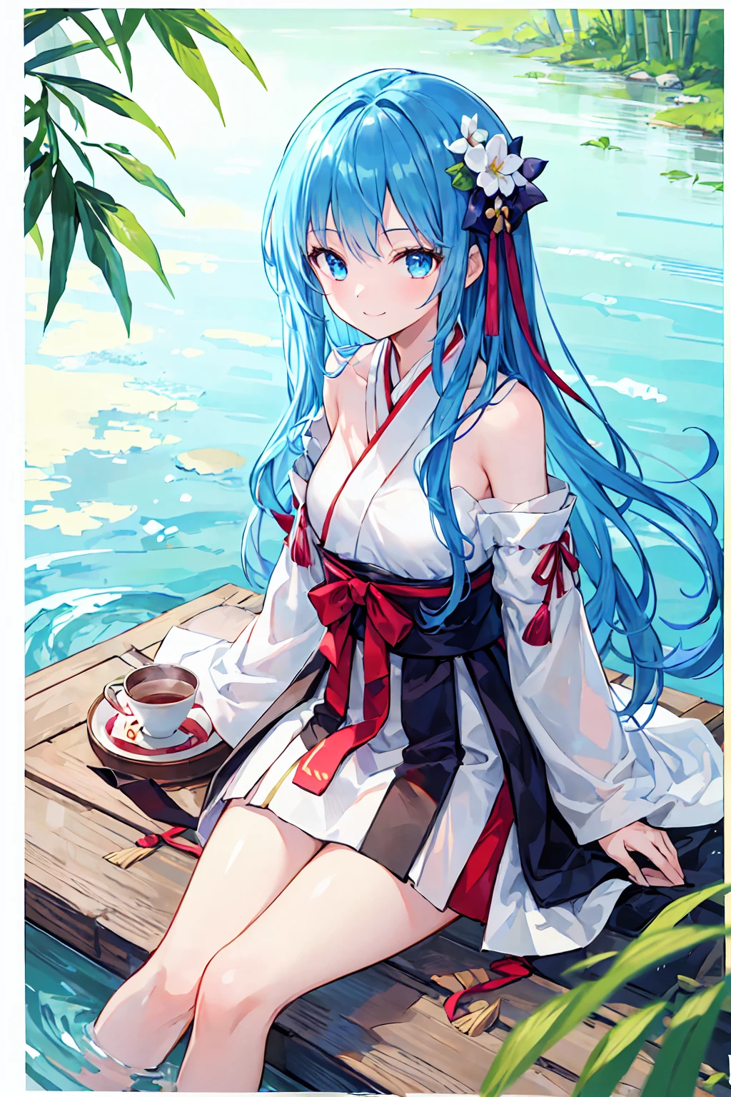 masterpiece, Highest quality, Official Art, 8k wallpaper, Very detailed, figure, 1 Girl, Sky blue hair, Long Hair, Fine grain, Forrest Gump, Bare shoulders, Hanfu, lake, Pure, A kind smile, bamboo, tea