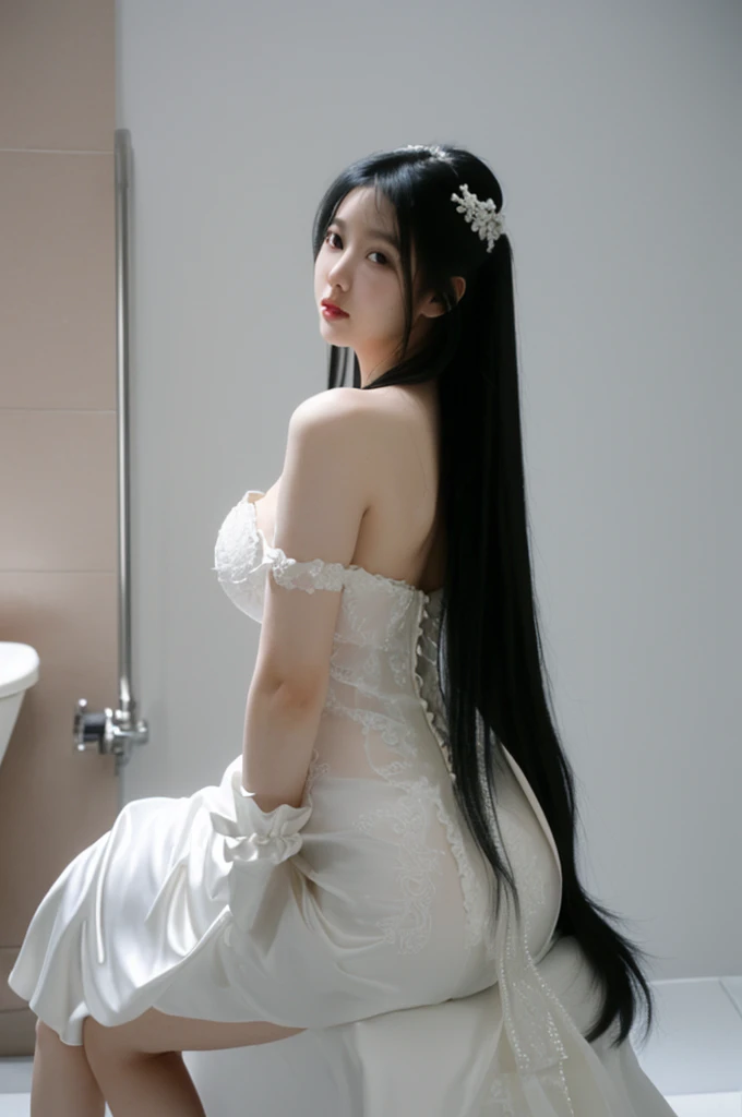 bride、Wearing a wedding dress、Super fat、Big Breasts、Big Ass、Super long straight black hair、Small private room、Sitting on the toilet